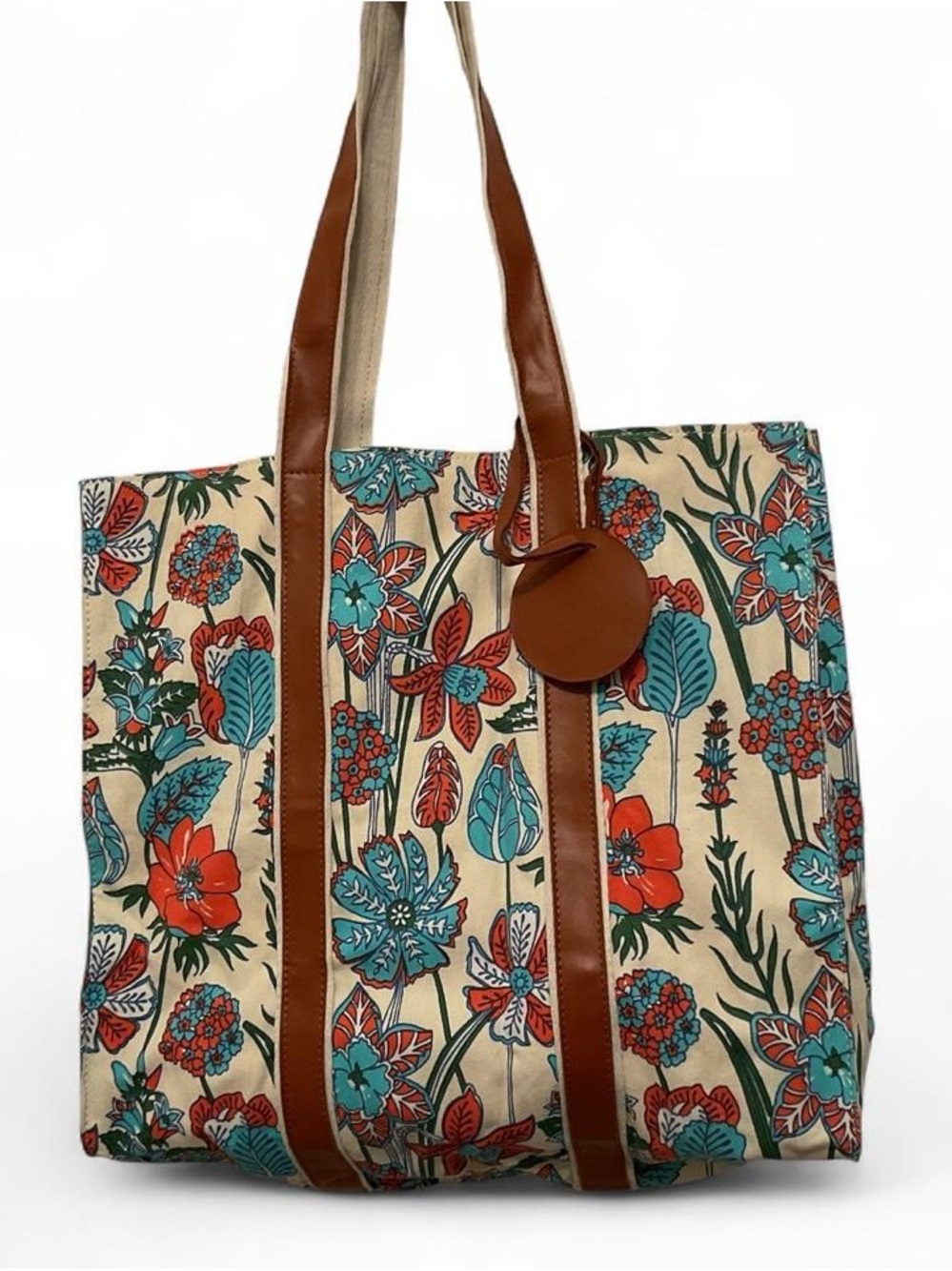 Canvas Floral Tote Bag with Brown Trim - Multicolor